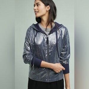 Anthropologie Sequin Hooded Jacket Blue Pewter